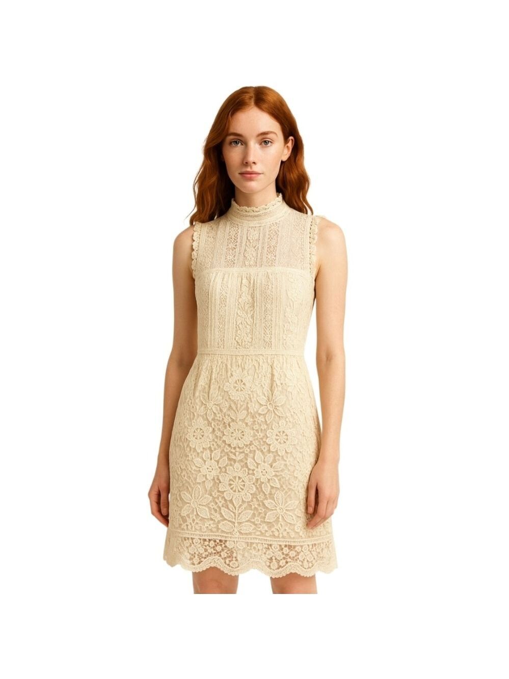 Miss Chievous Cream Sleeveless Mock Neck Sundress Size M Floral Lace Midi-dress